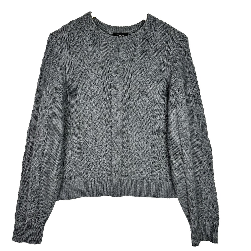 Theory Cable Knit Sweater‎ Womens L Gray Merino Wool Cashmere Cropped Crew Neck